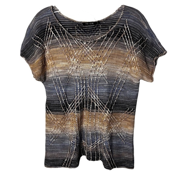 Nic+Zoe | Tan Blue Linen Blend Short Sleeve Sweater, Medium Petite - Picture 1 of 6